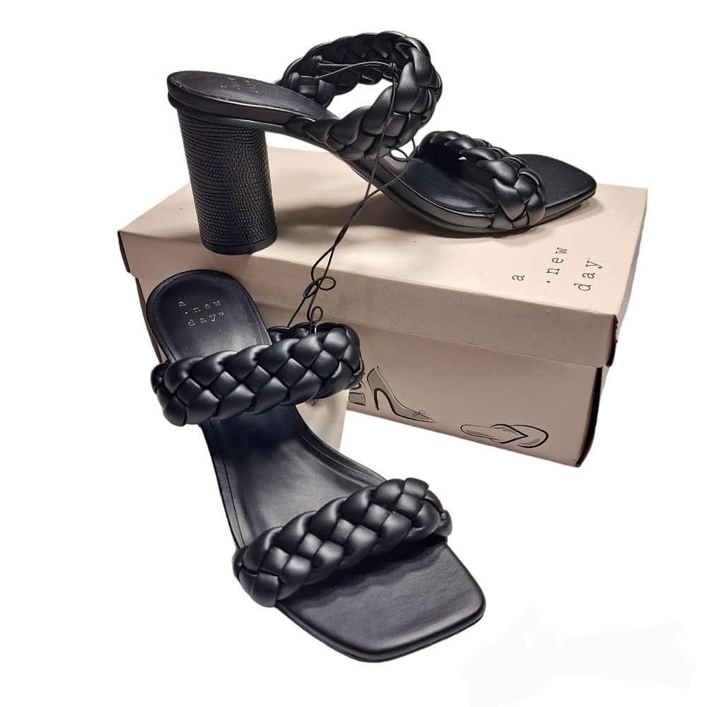 a.new day Women's Black Slip On Basil Heels Size 8 Woven Straps - Picture 7 of 12